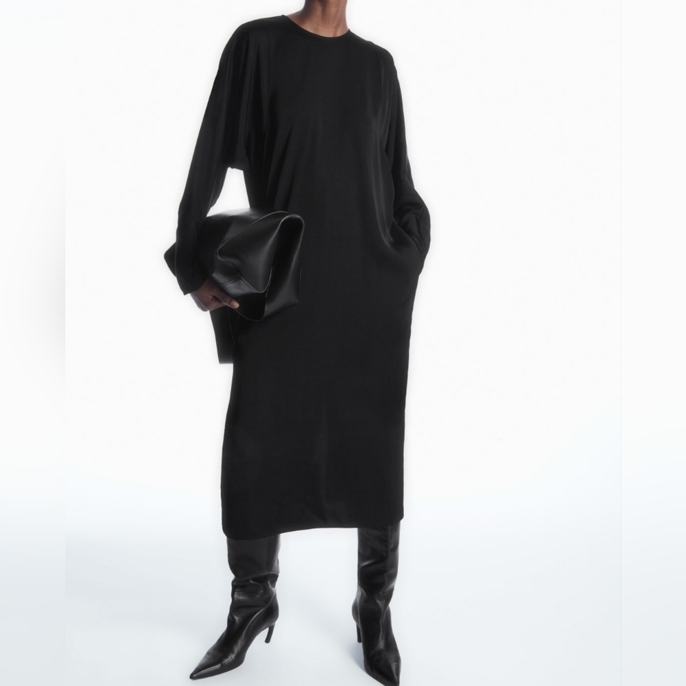 COS Batwing Sleeve Casual Rayon Midi Shift Dress Size 2 Long Crewneck Slit Back